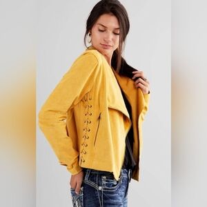 Willow & Root Yellow Suede Women's Jacket with Lace-Up Detail Small PTP 19 Faux
